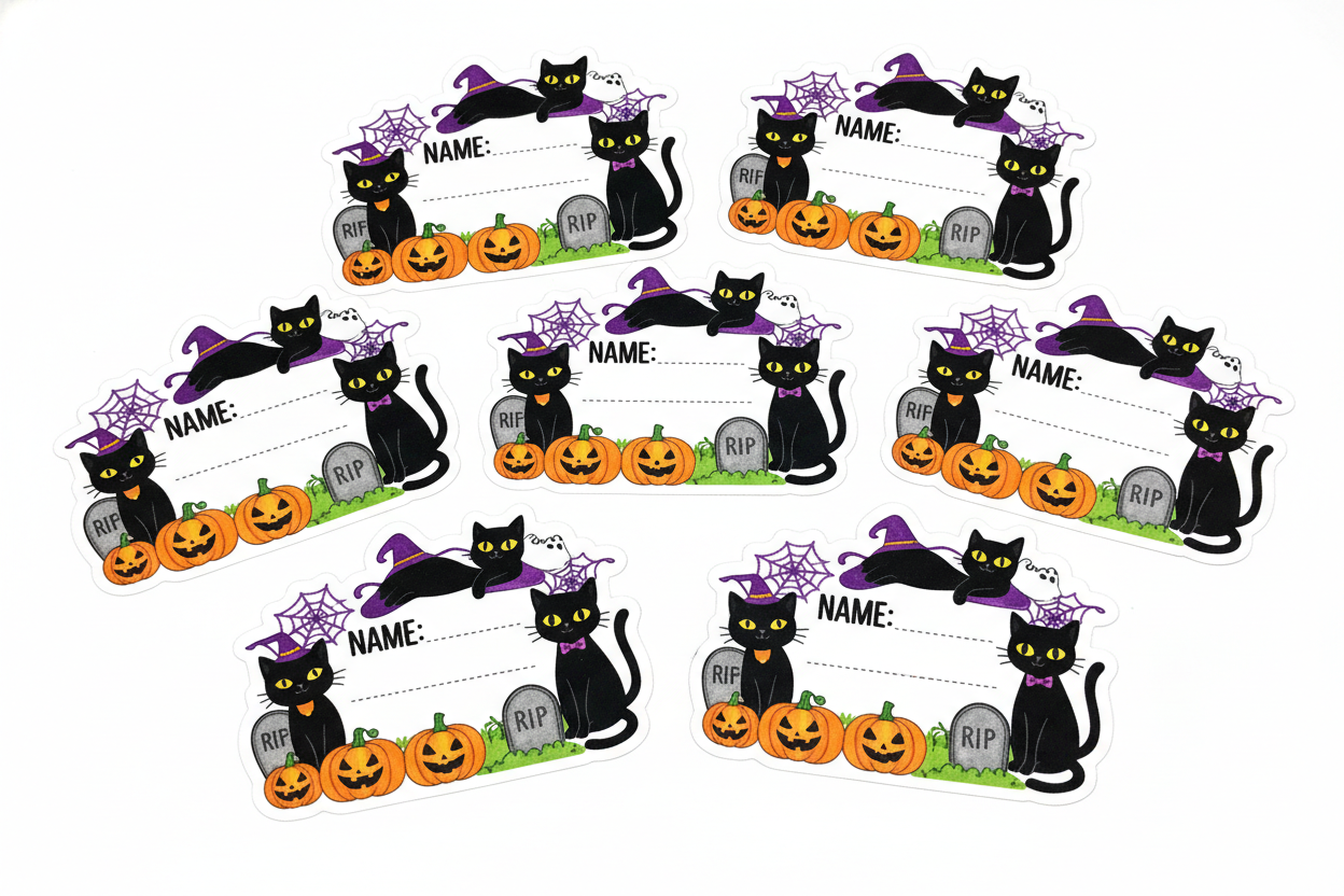 Halloween Black Cat Name Tag Stickers - Personalized Labels